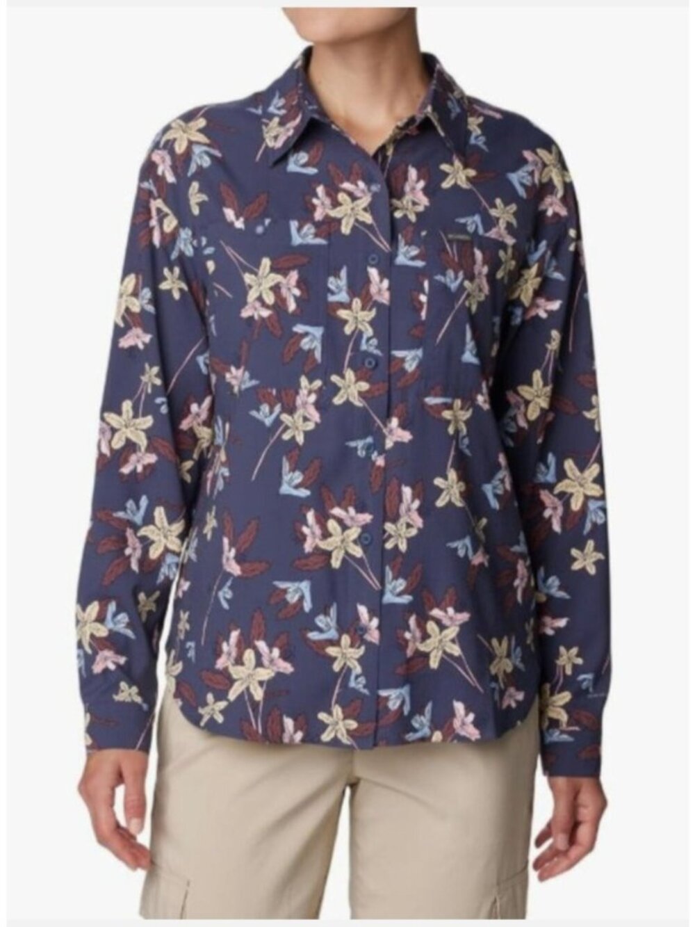 Columbia Women Long Sleeve Shirt Blue Floral sz S Silver Ridge Utility UPF 40